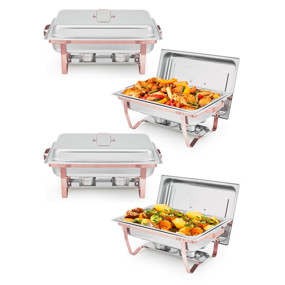 Chafing Dishes for Buffet Set of 4, 8QT Buffet Servers and Warmers Set with Lid & Foldable Frame, Rectangular Stainless Steel Chafer Food Warmer for Parties Wedding Catering Supplies, Rose Gold