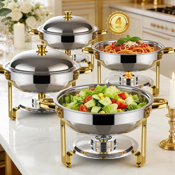 Chafing Dishes for Buffet Set, 4 Pack 6QT Round Chafing Dishes for Buffet with lid, warmers for parties, Christmas,Catering Events Dinners, Wedding, Buffet & ( +, 6QT)