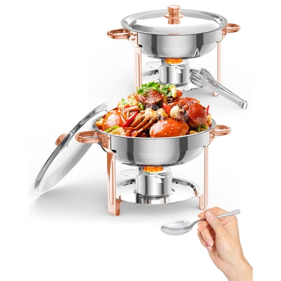 Chafing Dishes for Buffet, 2 Pack 5QT Round Stainless Steel Chafing Dish Set, with Glass Lid & Holder, for Party, Wedding, Catering, Camping, Dinner