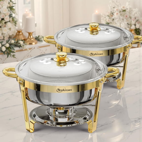 Chafing Dishes for Buffet 2 Pack 6QT Round Elegant Gold Stainless Steel Chafing Dish Buffet Set for Any Party
