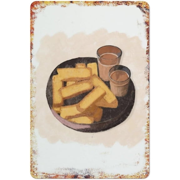 Chai And Cake Rusk Wall Art Pakistani Indian Tea Art South Asian Wall Pakistan Art Fun Office Wall Art Poster Coffee Bar Tin Sign Cubicle Decor Desk Home Gift Vintage Decor Metal Logo 8" x 12"