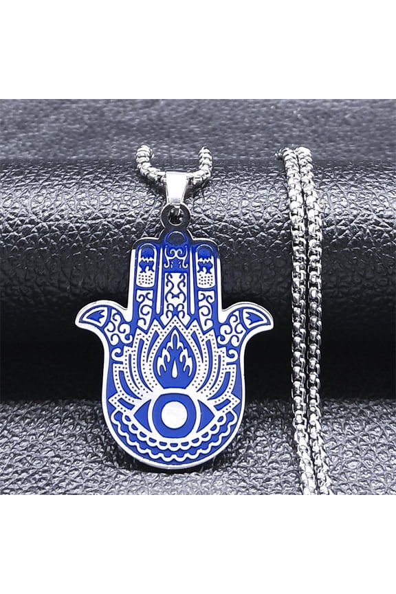 Chai Hebrew Letter Fatima Hamsa Hand Necklace Men/Women 14K White Gold Blue Color Jewish Lucky Necklacse Jewelry G807