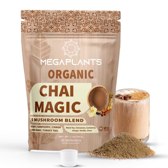 Chai Magic | Superfood 5 Mushroom Powder Blend for Focus, Clarity & Energy + Spiced Masala Chai Blend | Smoothie, Coffee Alternative | 30 Servings
