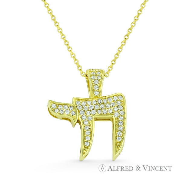"Chai" Symbol Cubic Zirconia CZ Crystal Pave Jewish Pendant & Chain Necklace in .925 Sterling Silver w/ 14k Yellow Gold