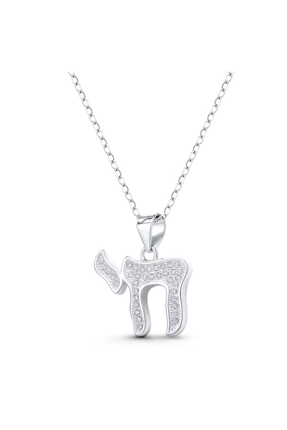 "Chai" Symbol Cubic Zirconia CZ Crystal Pave 20x16mm (0.8x0.6in) Jewish Pendant & Chain Necklace in .925 Sterling Silver w/ Rhodium