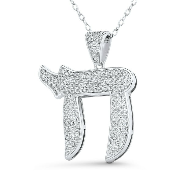 "Chai" Symbol Cubic Zirconia CZ Crystal Pave 30x25mm (1.2x1in) Jewish Pendant in .925 Sterling Silver w/ Rhodium