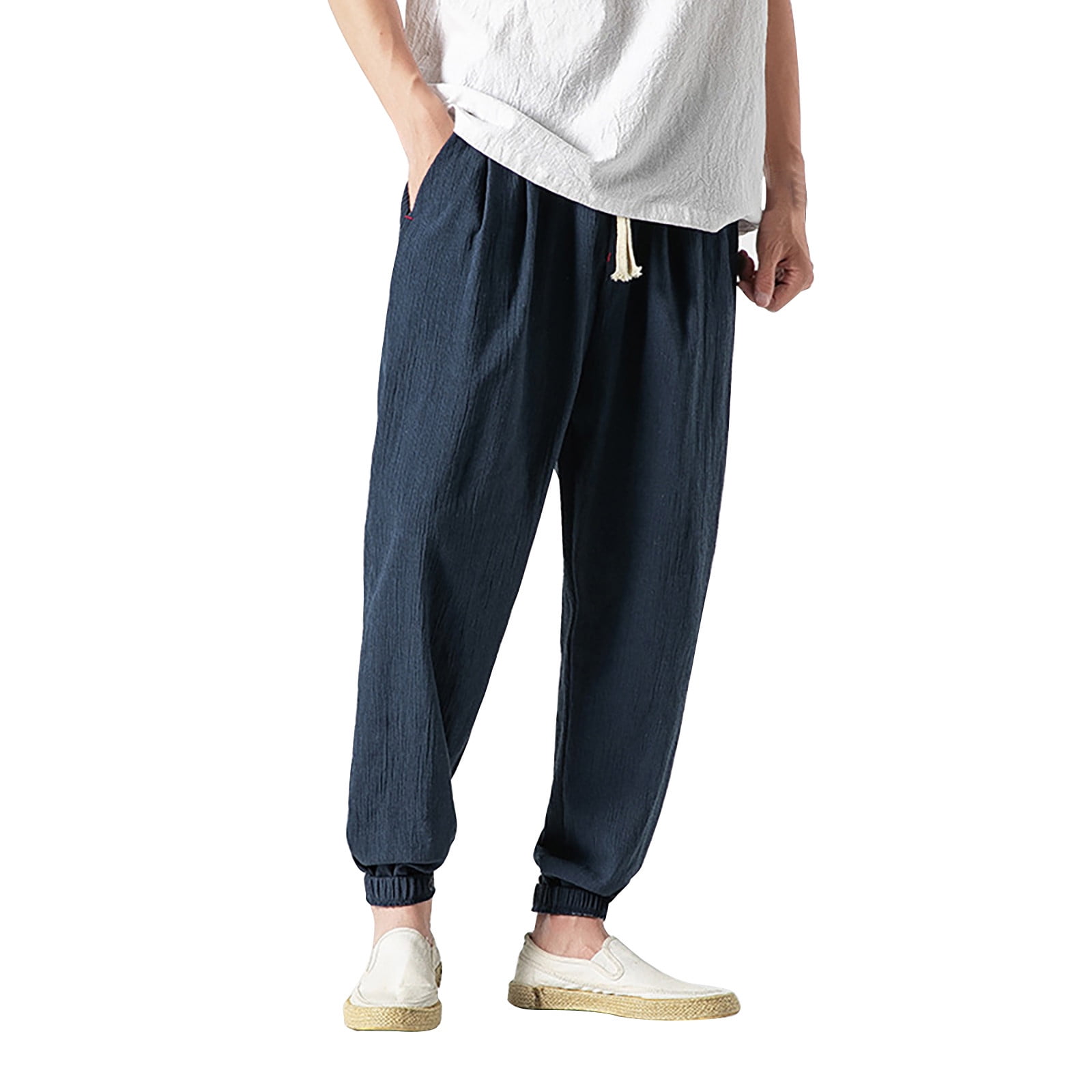 Chailin Men's Hop Harem Pants Joggers Linen Drawstring Elastic Waist