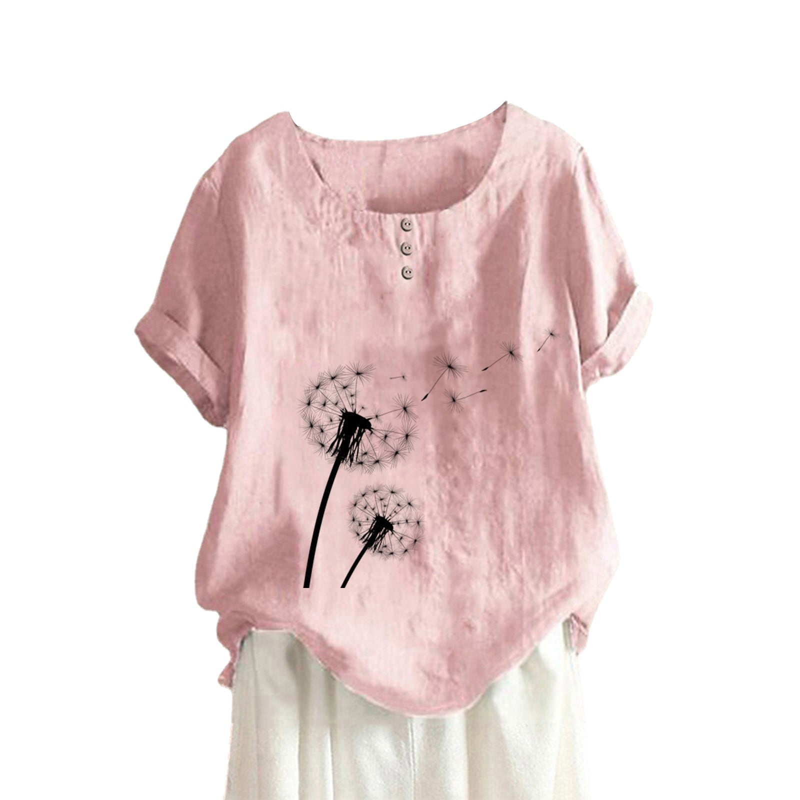 Chailin Women Summer Round Neck Button Cotton Linen Dandelion Print