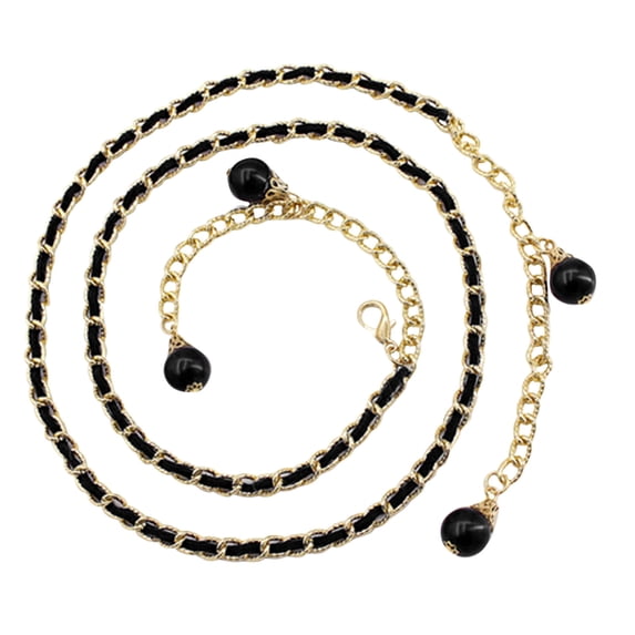 Chain Belt for Women, Gold & Black Pearl Extra Long Fashion Waist Accessories, Adjustable Belt Chain with Pearl Embellished, Comfortable & Easy To Use, Pant Waist Tightener, Black