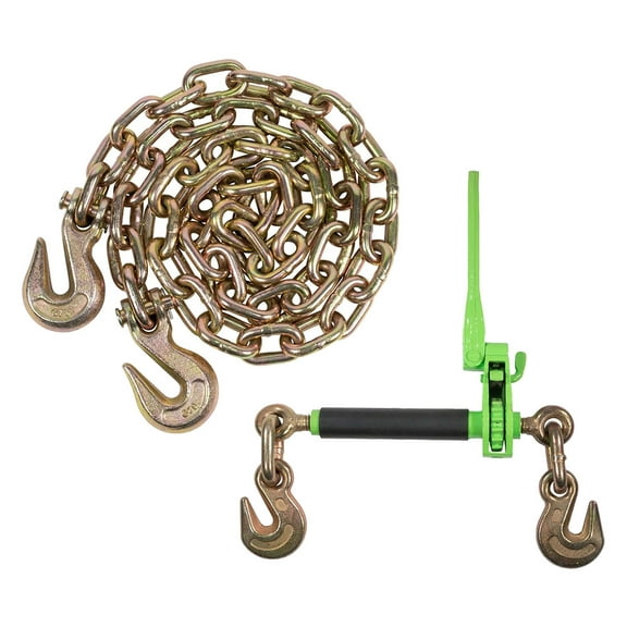 Chain and Binder Kit 1/2"-5/8" Hi-Viz Green Folding Handle Ratchet Load Binder w/Grab Hook 18,100 lbs WLL &1/2"x20' G70 Binder Chain w/Clevis Grab Hooks for Tie Down, Hauling, Towing