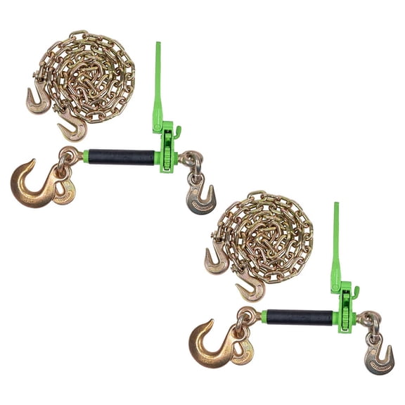 Chain Binder Kit - 2PK Hi-Viz Green Folding Ratchet Load Binder w/ 1/2" Grab Hook & 5/8" Slip Hook 15,000 lbs WLL & 2PK 3/8" x 16' G70 Binder Chain w/ Clevis Hooks for Flatbed Trailers