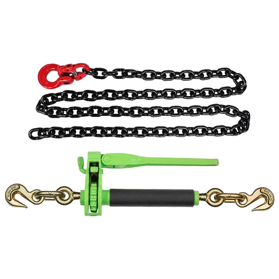 Chain and Binder Kit  3/8" x 6' Grade 80 Front Axle Chain w/Omega Link 7,100 lb WLL & 3/8"-1/2" Folding Ratchet Load Binder 12,000 lb WLL Tie Down Hauling Binders for Flatbed Trailer