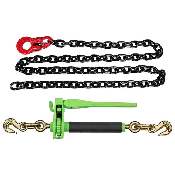 Chain and Binder Kit  3/8" x 8' Grade 80 Front Axle Chain w/Omega Link 7,100 lb WLL & 3/8"-1/2" Folding Ratchet Load Binder 12,000 lb WLL Tie Down Hauling Binders for Flatbed Trailer