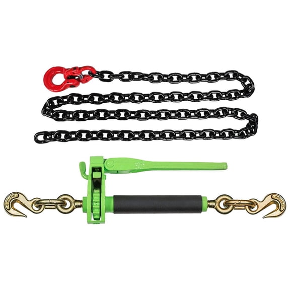 Chain and Binder Kit  3/8"x6' Grade 80 Front Axle Chain w/Omega Link 7,100 lb WLL & 1/2" - 5/8" Folding Ratchet Load Binder 18,100 lb WLL Tie Down Hauling Binders for Flatbed Trailer