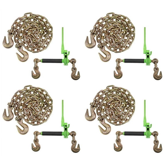 Chain & Binder Kit 4 Pack 1/2"-5/8" Hi-Viz Folding Handle Ratchet Load Binder w/Grab Hook 18,100 lbs WLL & 4 Pack 1/2"x12' G70 Binder Chain w/Clevis Grab Hooks for Tie Down, Hauling