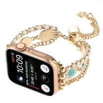 Chain Bracelet Compatible for Apple Watch Band 42mm 44mm 45mm 49mm Series 9 8 7 SE 6 5 4 3 2 1, Women Fashion Slim Beaded Bling Watch Band Chain Bracelets for iWatch Ultra Strap, Gold