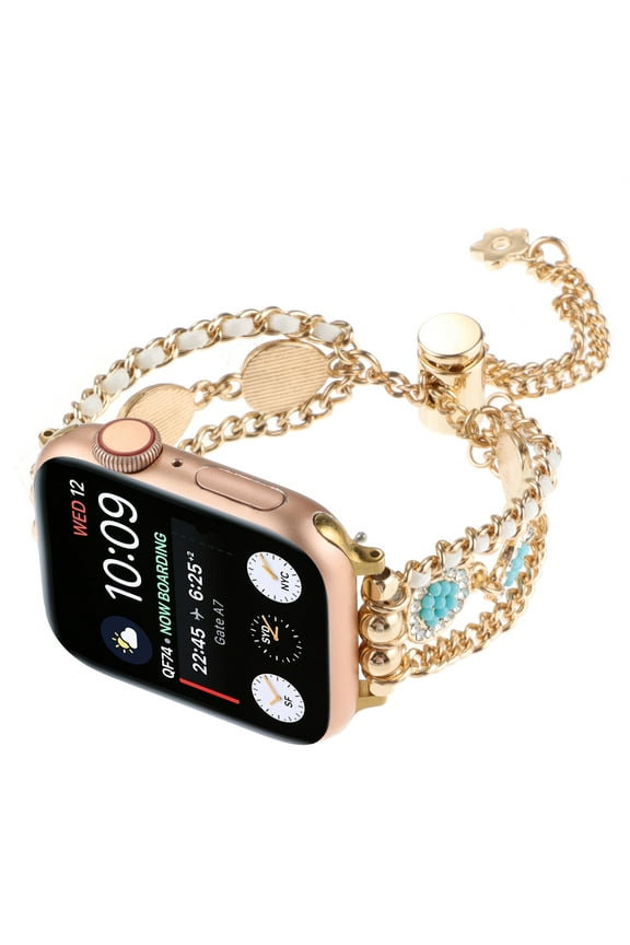 Chain Bracelet Compatible for Apple Watch Band 42mm 44mm 45mm 49mm Series 9 8 7 SE 6 5 4 3 2 1, Women Fashion Slim Beaded Bling Watch Band Chain Bracelets for iWatch Ultra Strap, Gold
