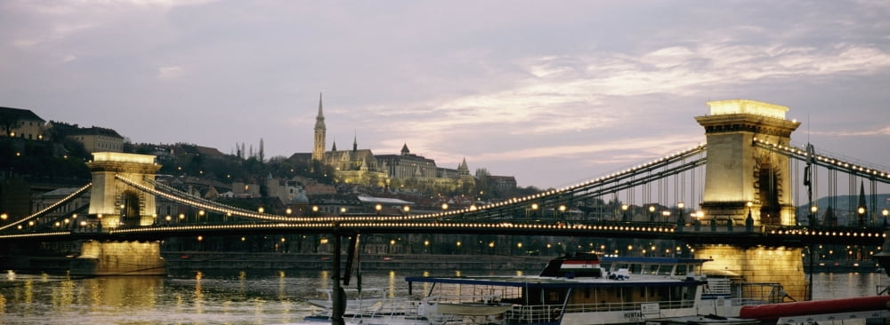 Chain Bridge River Danube And Matyas Church At Dusk Canvas Art - Anna Watson Design Pics (44 x 15)