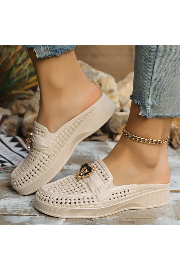Chain Decor Closed Toe Slippers, Backless Loafers for Women Woven Backless Penny Loafers Slip On Round Toe Mesh Loafer Mules Open Back Slide In Comfortable Breathable Walking Shoes, Khaki 6.5