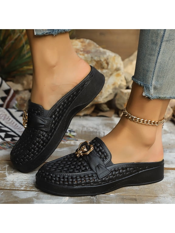 Chain Decor Closed Toe Slippers, Backless Loafers for Women Woven Backless Penny Loafers Slip On Round Toe Mesh Loafer Mules Open Back Slide In Comfortable Breathable Walking Shoes, Black 6.5