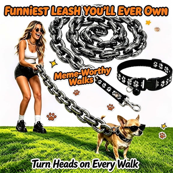 Chain Dog Leash, 5.9Ft Funny Fake Iron Chain Leash for Small Dog, Lightweight Giant Chain for Photos, Parties, Paw Print Collar Included