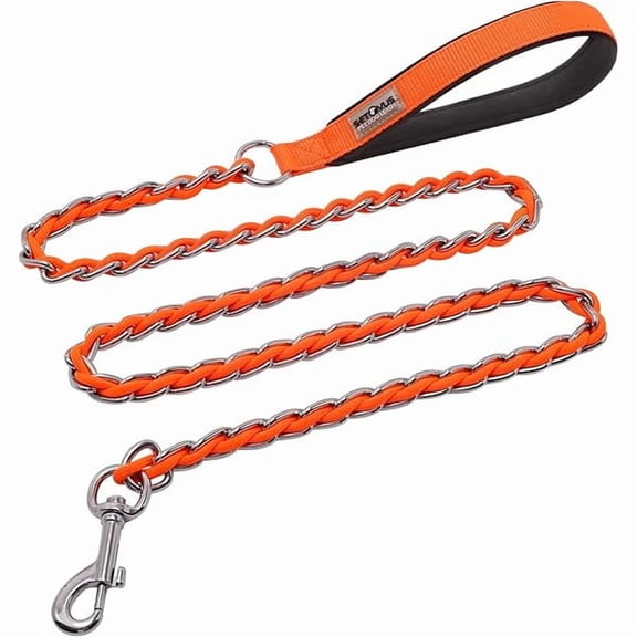 Chain Dog Leash Chew Proof Metal Leash for Medium Large Dogs, Chain Link Dog Anti Chew 5.2FT / 4FT Strong Anti Bite Comfortable Soft Padded Handle (Orange, 4FT(30-80lb)