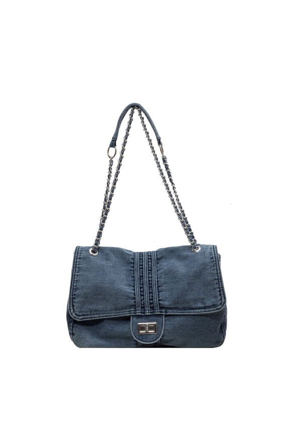 Chain Drawstring Buckle Motorcycle Handbag Handheld Shoulder Crossbody Bag Denim Large Capacity Commute Hobo Bag Unique handbags in Black for Daily Outfits