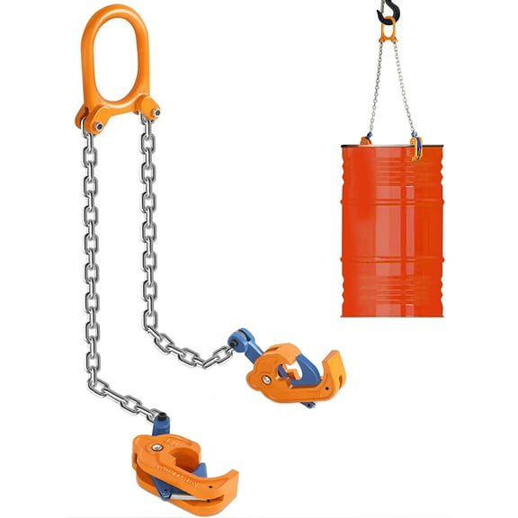 Chain Drum Lifter 1323 LBS Load Capacity Drum Lifter with Vertical Hoist Self Locking, Barrel Lifter with G80 Lifting Chain Sling, Horizontal Lifter for Plastic and Metal Drums,Orange