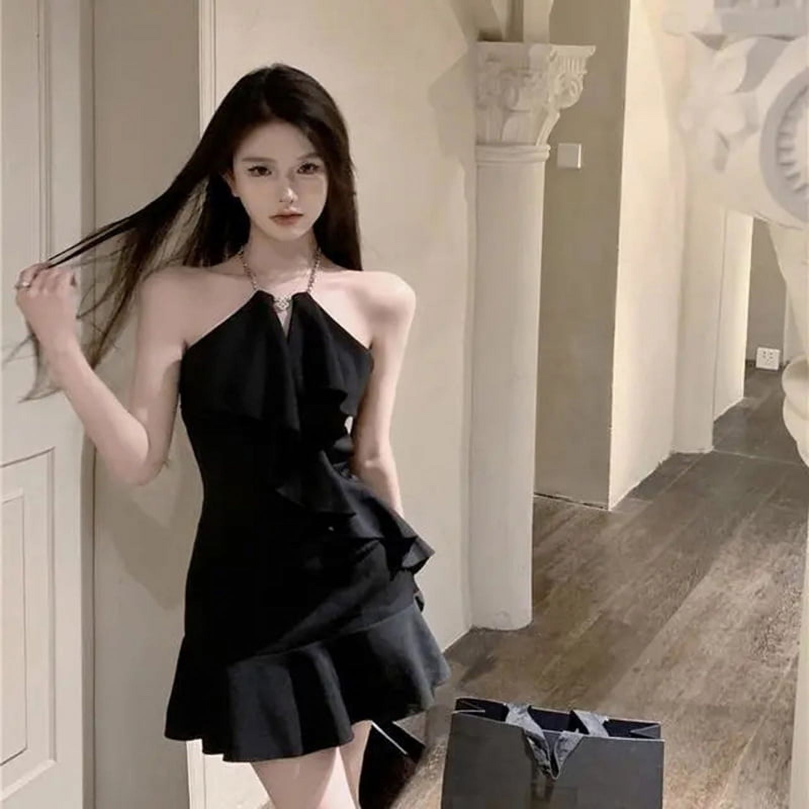 Chain Halter Mini Dress Women Black Off Shoulder Ruffles A Line Dresses  Korean Vintage Elegant Slim Sundress Vestidos New - Walmart Business  Supplies