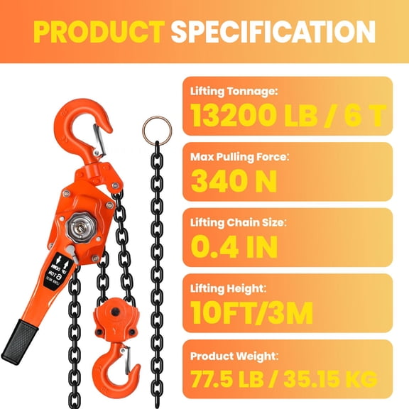 Chain Hoist 6 ton 10ft Lifting Height, G80 Grade Galvanized Chain Double-Pawl Brake 360 Rotation for Heavy Lifting & Workshop Use