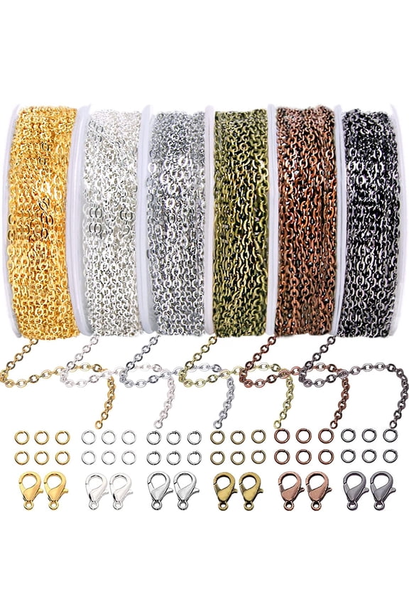 Chain for Jewelry Making, 60ft 6 Rolls Necklace Chains for Jewelry Making DIY Necklace Bracelet Anklet with Jump Rings and Lobster Clasps, 6 Colors 2mm