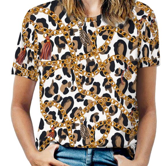 Chain Leopard Print Women's Short Sleeve Tops Casual Blouses T Shirt