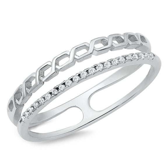Chain Link Clear Cubic Zirconia Ring .925 Sterling Silver Double Band Jewelry Female Male Size 7