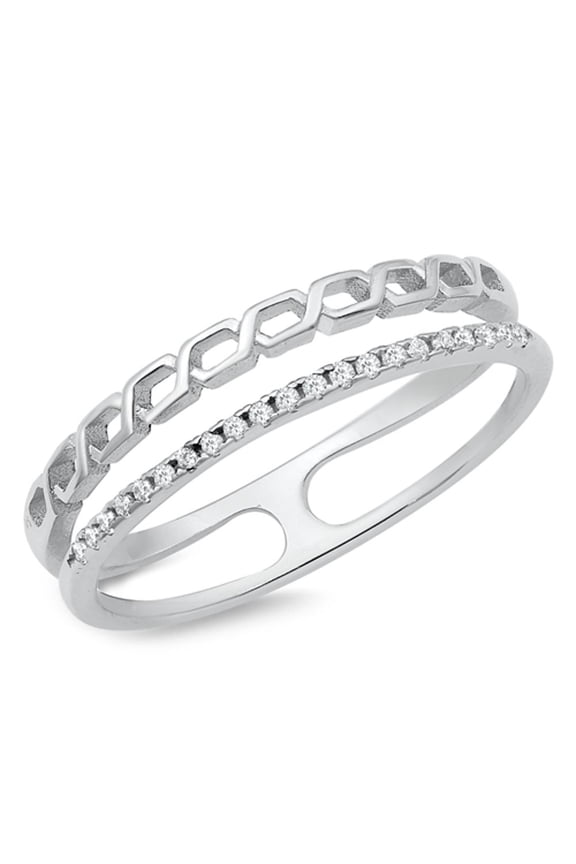 Chain Link Clear Cubic Zirconia Ring .925 Sterling Silver Double Band Jewelry Female Male Size 8
