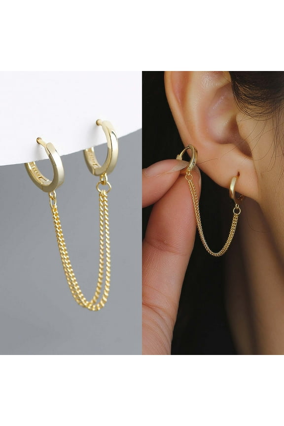 Chain Linked Hoop Earrings in Sterling Silver, Gold or Silver, Double Piercing Hoop Earrings, Double Hoop Earring Linking Chain