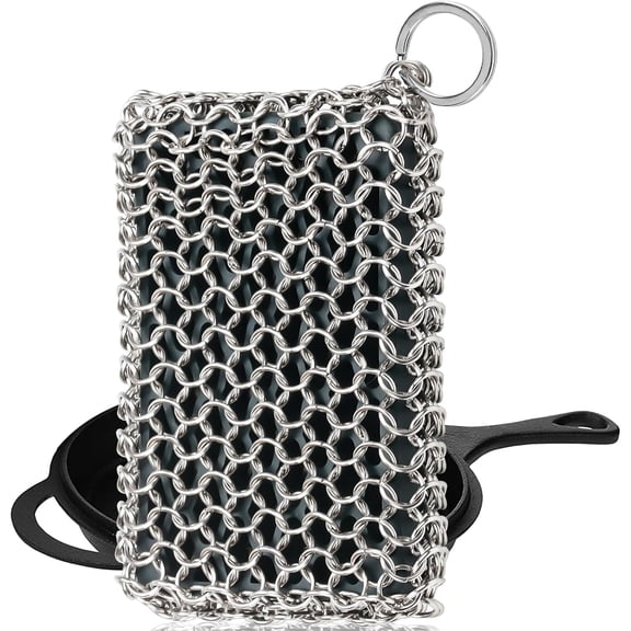 Chain Mail Cast Iron Cleaner Scrubber,316 Chainmail Pan Scrubber Metal Cleaning Brush, Pad, Sponge Scraper to Clean Skillet,Dutch Oven, Wok,Grill Griddle,Chain Link Scrub Brush Pot Care Kit
