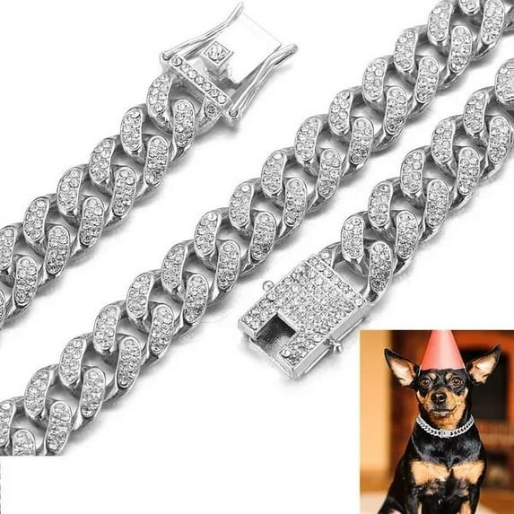 Chain Metal Dog Collar Cuban Diamond Necklace Cute Fashion Pet Link Jewelry Accessories for Small Medium Large Dogs Cats