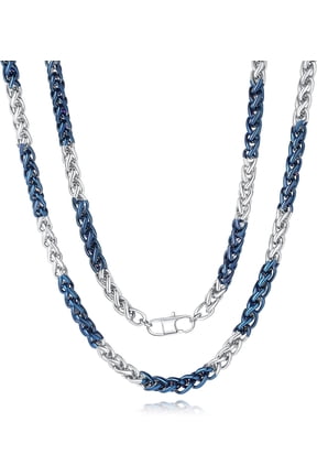 Chain Necklace for Men, Wheat Link Chains Titanium Steel Mens Cool Jewelry Gifts Blue to Silver 8MM-22
