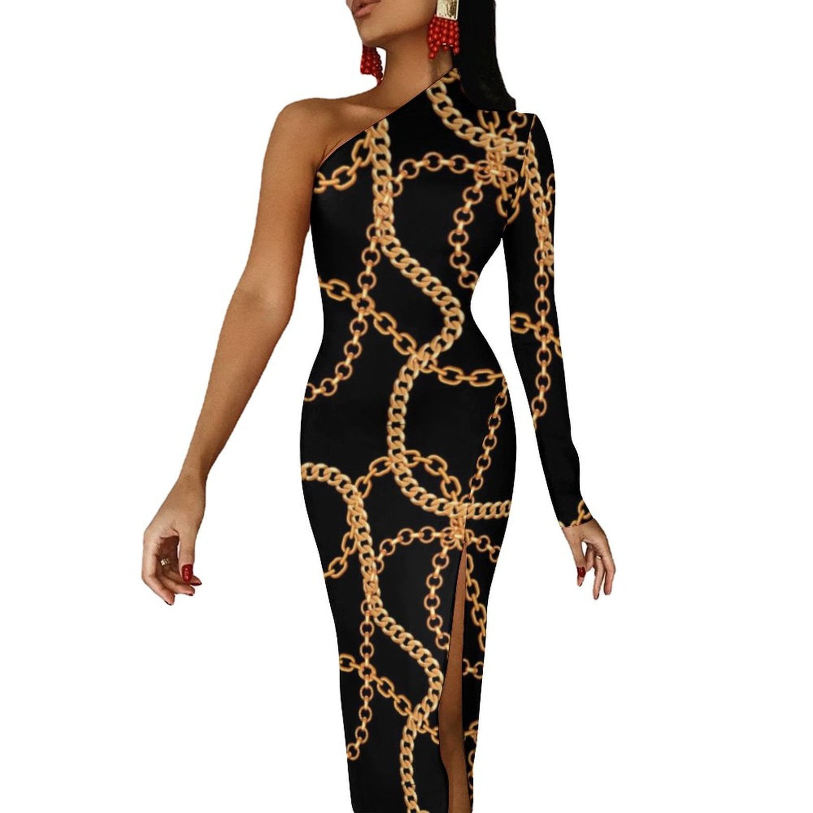 Chain Print Bodycon Dress Ladies Colorful Bronze Maxi Dress One ...