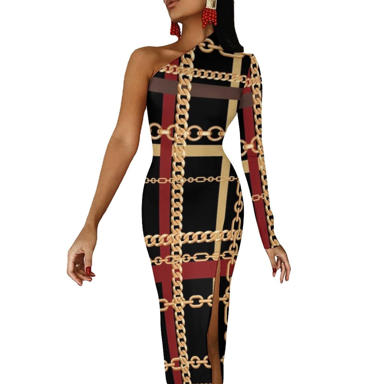 Chain Print Bodycon Dress Ladies Colorful Bronze Maxi Dress One ...