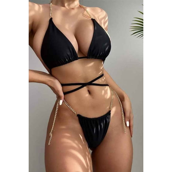 Chain Strap Bikini Two Piece Set (M, Black)