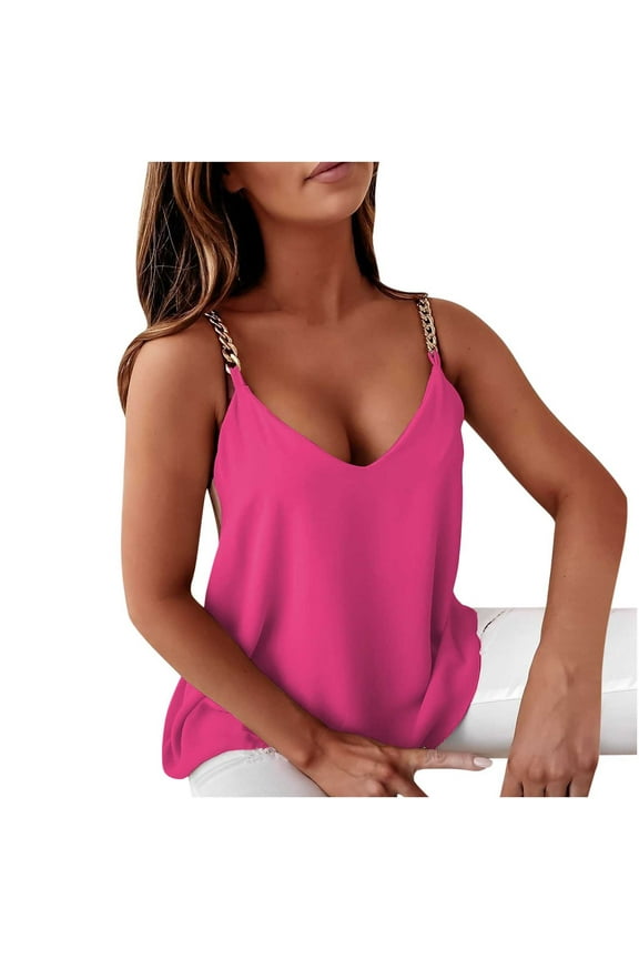 Chain Strap Cami Top for Women Deep V-Neck Camisole Solid Color Spaghetti Strap Loose Sleeveless Tees