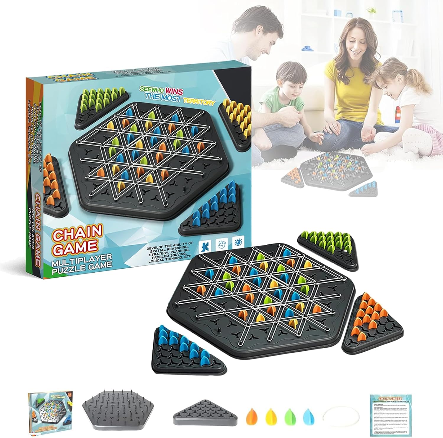 Triggle Gioco Da Tavolo In Legno – Scacchi Triangolari Con Elastici Per 2-4 Giocatori – Gioco Di Strategia Per Famiglie E Bambini 3+ Anni