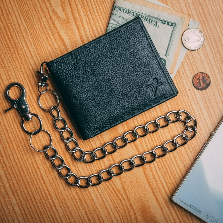 Chain Wallet for Men RFID Safe Black Biker Leather Slim Bi-Fold