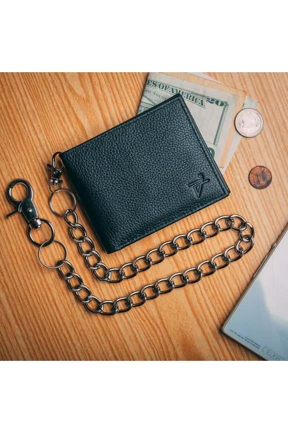 Chain Wallet for Men RFID Safe Black Biker Leather Slim Bi-Fold Wallet