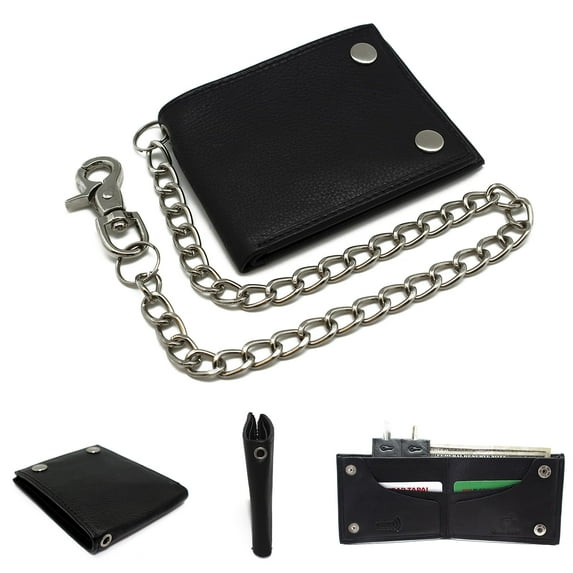 Chain Wallet for Men RFID Safe Black Real Leather Bifold Wallet for Men Two Snap Closed
