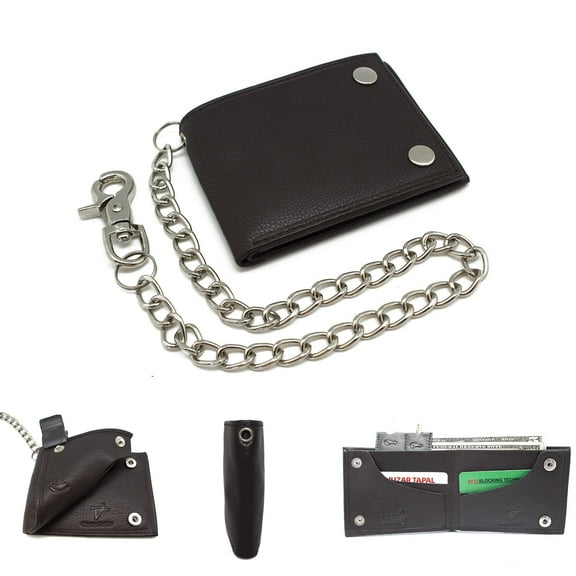 Men's RFID-Safe Leather Chain Bifold Wallet with Two Snap Closure – Brown – Biker Style