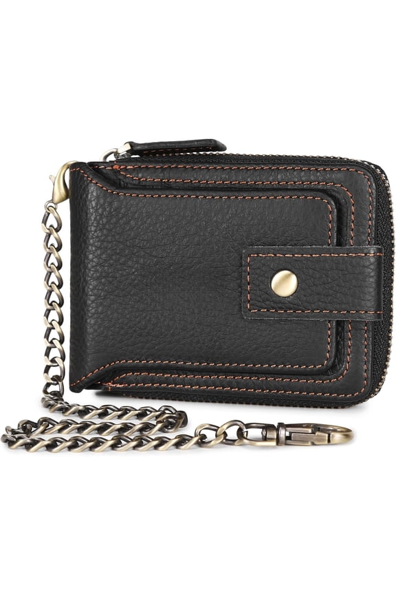 Chain Wallets For Men RFID Blocking Leather Mens Wallet With Zipper, Flap ID Window Zip Pocket Bifold Card Wallets Big Capacity For Travel (Black)