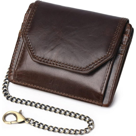 Chain Wallets for Men Rfid Blocking Genuine Leather Bifold Stylish Mens Wallet Credit card With Coin Pocket (COFFEE4)