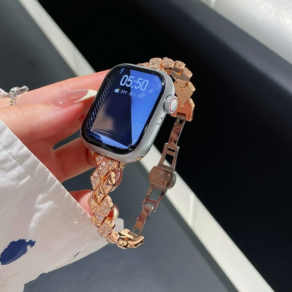 Chain Watch Band Compatible for Apple Watch 42mm 41mm 40mm 38mm Women Girls, Fancy Metal iWatch Band Diamond Bracelet Dressy Strap for iWatch Series 10 9 8 7 6 5 4 SE 3 2 1, Rosegold